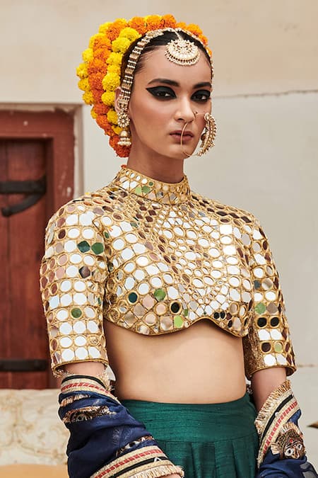 Buy_Itrh_Green Leather, Lace, Chanderi, Organza Zamurd Raw Silk Godet Lampi Lehenga Set_Online_at_Aza_Fashions