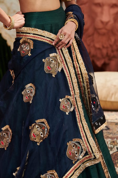 Shop_Itrh_Green Leather, Lace, Chanderi, Organza Zamurd Raw Silk Godet Lampi Lehenga Set_Online_at_Aza_Fashions