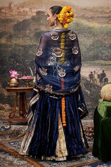 Shop_Itrh_Blue Lurex, Chanderi, Organza, Velvet Mirrors Zahra Lampi Godet Lehenga Set _at_Aza_Fashions