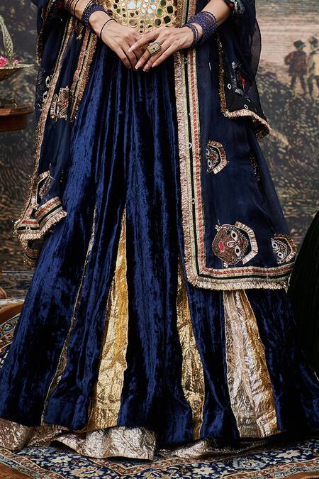 Itrh_Blue Lurex, Chanderi, Organza, Velvet Mirrors Zahra Lampi Godet Lehenga Set _Online_at_Aza_Fashions