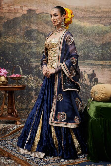 Buy_Itrh_Blue Lurex, Chanderi, Organza, Velvet Mirrors Zahra Lampi Godet Lehenga Set _Online_at_Aza_Fashions