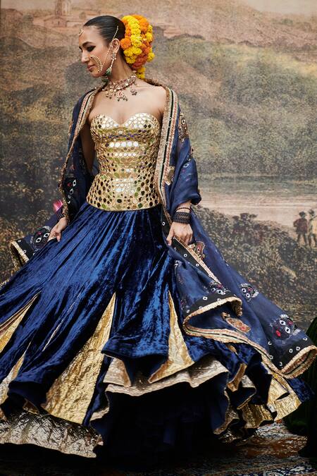 Itrh_Blue Lurex, Chanderi, Organza, Velvet Mirrors Zahra Lampi Godet Lehenga Set _at_Aza_Fashions