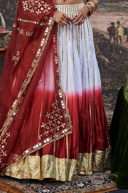 Itrh White Velvet, Cotton, Organza, Chanderi Gota Surkh Detailed Ombre Lehenga Set Online at Aza Fashions Itrh_White Velvet, Cotton, Organza, Chanderi Gota Surkh Detailed Ombre Lehenga Set _Online_at_Aza_Fashions