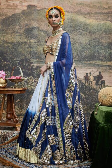 Shop Itrh White Organza, Chanderi, Cotton Gota Neel Ruba Detailed Ombre Lehenga Set Online at Aza Fashions Shop_Itrh_White Organza, Chanderi, Cotton Gota Neel Ruba Detailed Ombre Lehenga Set _Online_at_Aza_Fashions