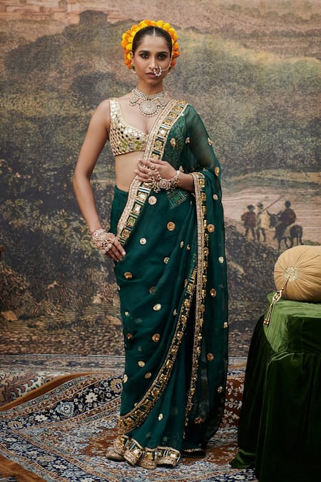 Itrh Green Lampi Gota Embroidered Pallavita Kiran Lace Detailed Hem Saree With Blouse 