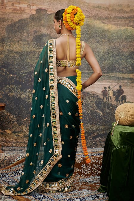 Shop Itrh Green Organza, Chanderi Gota Pallavita Kiran Lace Detailed Hem Saree With Blouse at Aza Fashions Shop_Itrh_Green Organza, Chanderi Gota Pallavita Kiran Lace Detailed Hem Saree With Blouse _at_Aza_Fashions
