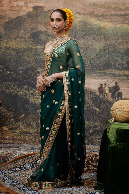 Itrh Green Organza, Chanderi Gota Pallavita Kiran Lace Detailed Hem Saree With Blouse Online at Aza Fashions Itrh_Green Organza, Chanderi Gota Pallavita Kiran Lace Detailed Hem Saree With Blouse _Online_at_Aza_Fashions