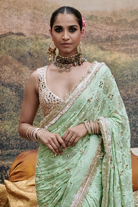 Itrh Green , Cotton Gota Naayaab Hand Embroidered Saree With Blouse Online at Aza Fashions Itrh_Green , Cotton Gota Naayaab Hand Embroidered Saree With Blouse _Online_at_Aza_Fashions