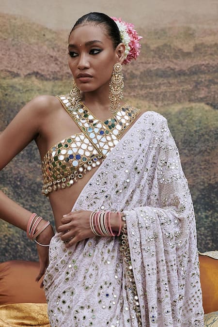 Shop Itrh Pink Chanderi Embroidery, Mirrors, Tassels, Gota Peraan Hand Saree With Blouse at Aza Fashions Shop_Itrh_Pink Chanderi Embroidery, Mirrors, Tassels, Gota Peraan Hand Saree With Blouse _at_Aza_Fashions