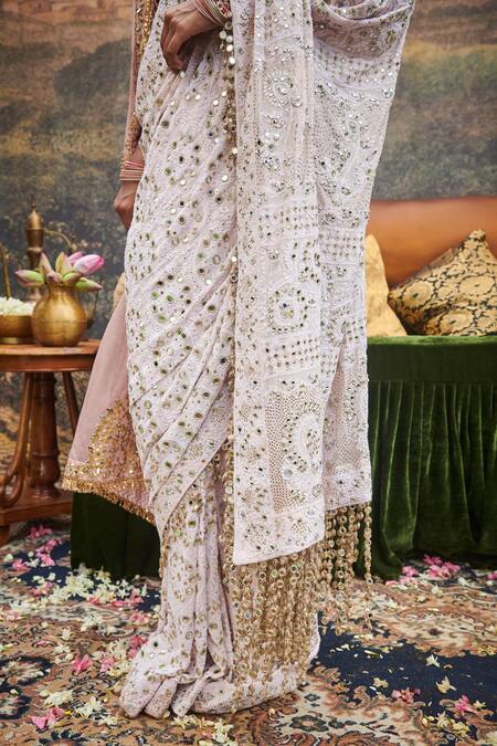 Itrh Pink Chanderi Embroidery, Mirrors, Tassels, Gota Peraan Hand Saree With Blouse Online at Aza Fashions Itrh_Pink Chanderi Embroidery, Mirrors, Tassels, Gota Peraan Hand Saree With Blouse _Online_at_Aza_Fashions