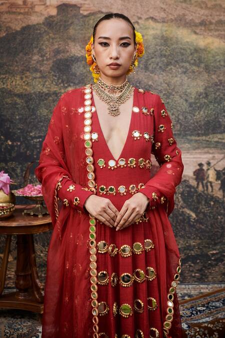 Itrh_Red Organza, Chanderi, Cotton, Silk Mirrors, Inara Embellished Anarkali Set _Online_at_Aza_Fashions