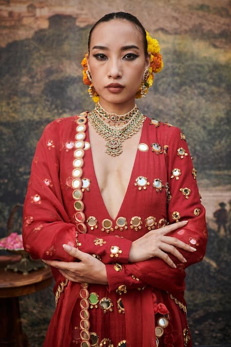 Buy_Itrh_Red Organza, Chanderi, Cotton, Silk Mirrors, Inara Embellished Anarkali Set _Online_at_Aza_Fashions