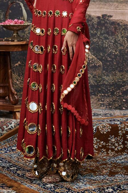 Shop_Itrh_Red Organza, Chanderi, Cotton, Silk Mirrors, Inara Embellished Anarkali Set _Online_at_Aza_Fashions