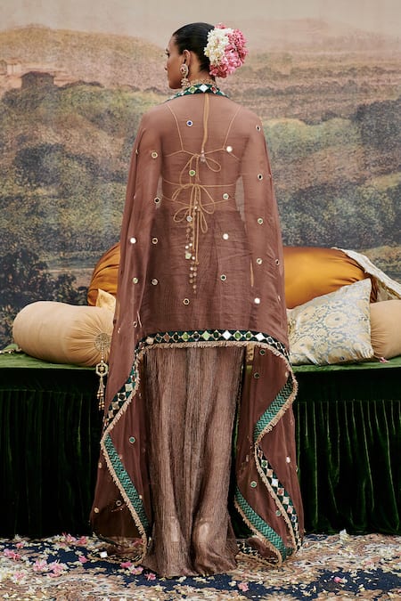 Shop_Itrh_Brown Organza, Chanderi Mirrors, Beads, Sheesh Titli Embellished Skirt Set _at_Aza_Fashions