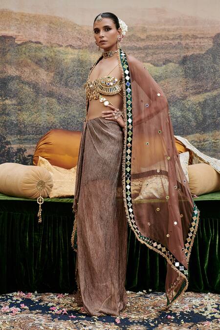 Itrh_Brown Organza, Chanderi Mirrors, Beads, Sheesh Titli Embellished Skirt Set _Online_at_Aza_Fashions