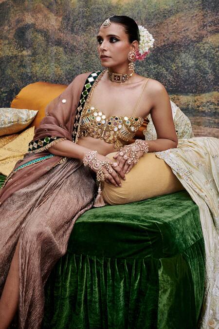 Shop_Itrh_Brown Organza, Chanderi Mirrors, Beads, Sheesh Titli Embellished Skirt Set _Online_at_Aza_Fashions