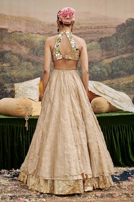 Shop_Itrh_Gold Chanderi Mirrors, Gota Patti Aafreen Embellished Blouse And Lehenga Set _at_Aza_Fashions