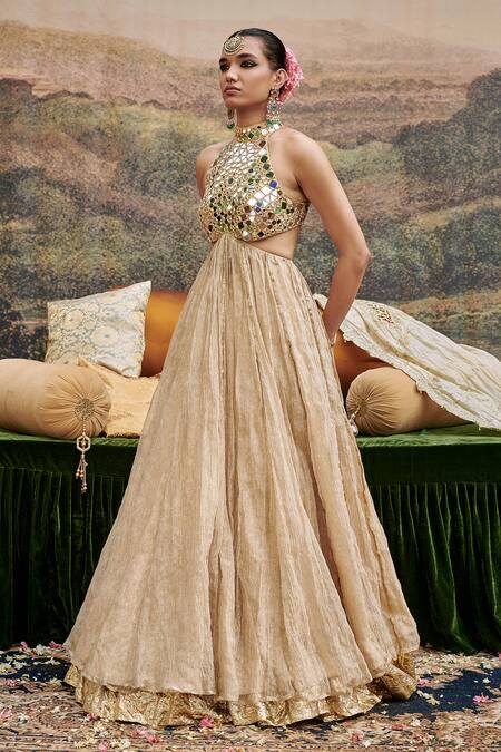 Itrh_Gold Chanderi Mirrors, Gota Patti Aafreen Embellished Blouse And Lehenga Set _Online_at_Aza_Fashions