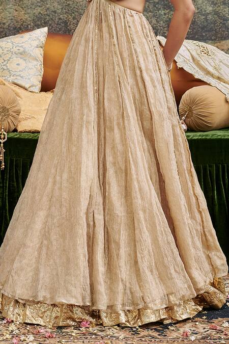 Buy_Itrh_Gold Chanderi Mirrors, Gota Patti Aafreen Embellished Blouse And Lehenga Set _Online_at_Aza_Fashions