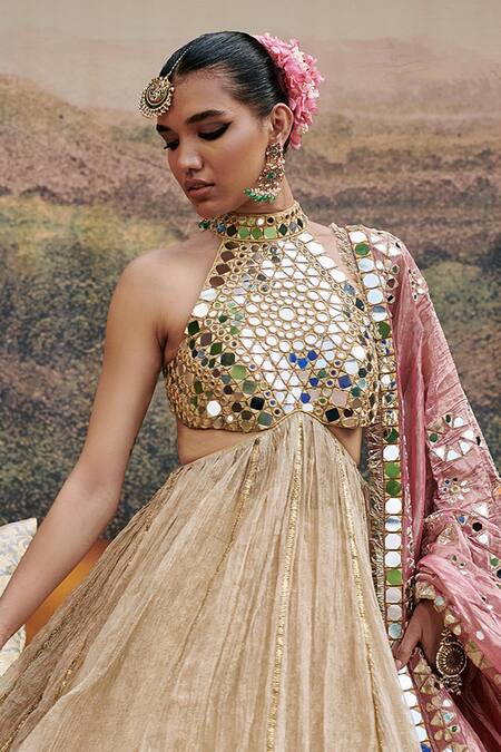 Shop_Itrh_Gold Chanderi Mirrors, Gota Patti Aafreen Embellished Blouse And Lehenga Set _Online_at_Aza_Fashions