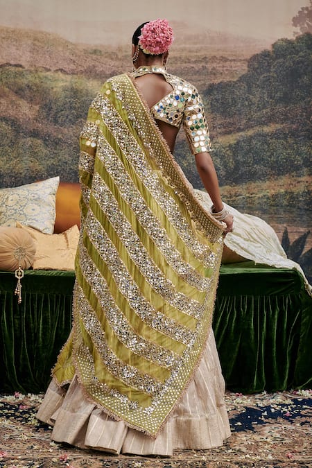 Shop_Itrh_Gold Tissue, Brocade, Chanderi Sheesh Saanjh Embellished Blouse Lehenga Set _at_Aza_Fashions