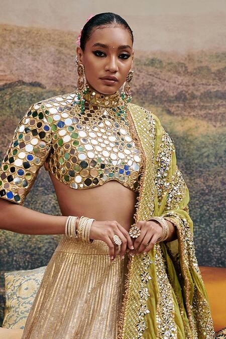 Itrh_Gold Tissue, Brocade, Chanderi Sheesh Saanjh Embellished Blouse Lehenga Set _Online_at_Aza_Fashions