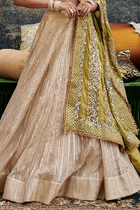 Buy_Itrh_Gold Tissue, Brocade, Chanderi Sheesh Saanjh Embellished Blouse Lehenga Set _Online_at_Aza_Fashions