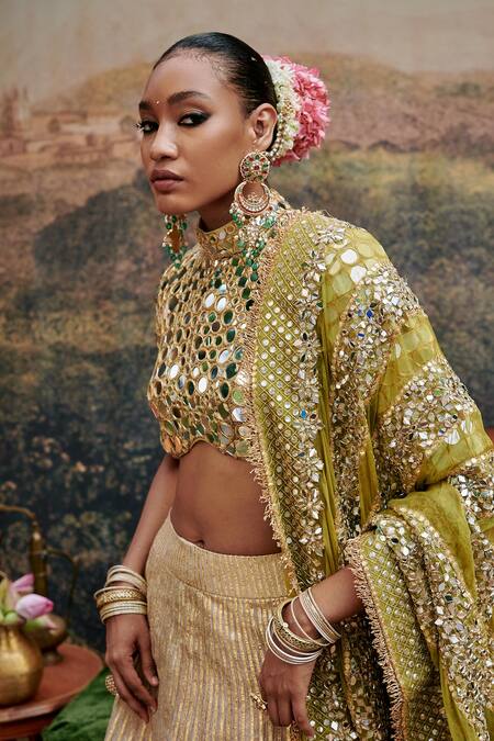 Shop_Itrh_Gold Tissue, Brocade, Chanderi Sheesh Saanjh Embellished Blouse Lehenga Set _Online_at_Aza_Fashions