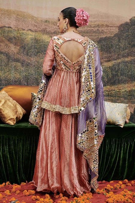 Shop_Itrh_Peach Tissue, Chanderi Mirrors, Zari Arzoo Embellished Peplum Tunic Sharara Set _at_Aza_Fashions
