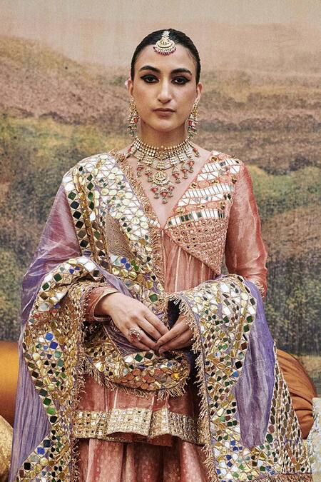 Itrh_Peach Tissue, Chanderi Mirrors, Zari Arzoo Embellished Peplum Tunic Sharara Set _Online_at_Aza_Fashions