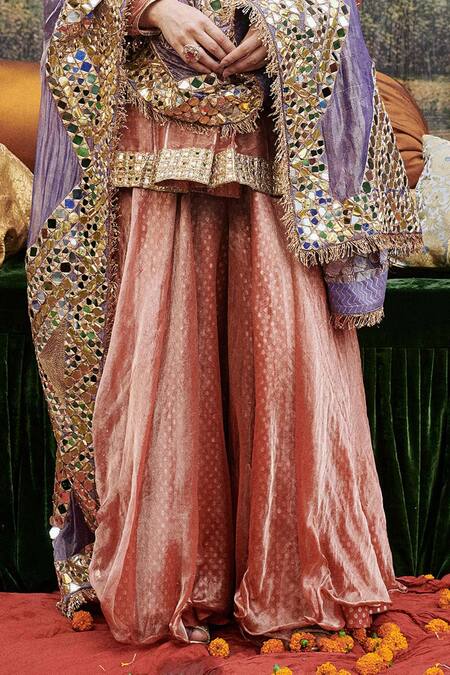 Buy_Itrh_Peach Tissue, Chanderi Mirrors, Zari Arzoo Embellished Peplum Tunic Sharara Set _Online_at_Aza_Fashions