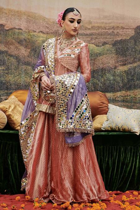 Shop_Itrh_Peach Tissue, Chanderi Mirrors, Zari Arzoo Embellished Peplum Tunic Sharara Set _Online_at_Aza_Fashions