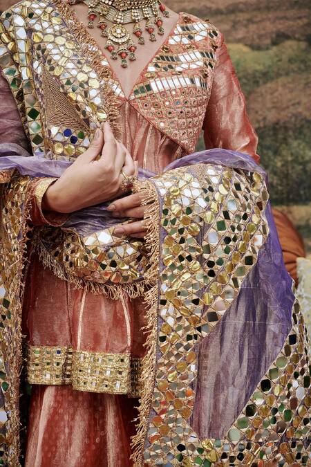 Itrh_Peach Tissue, Chanderi Mirrors, Zari Arzoo Embellished Peplum Tunic Sharara Set _at_Aza_Fashions