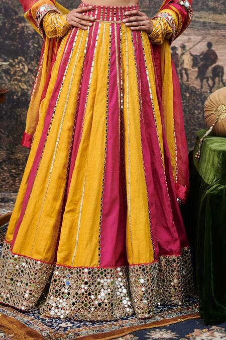 Itrh_Yellow Organza, Viscose, Linen Gota Patti, Padma Peet Color Block Lehenga Set _Online_at_Aza_Fashions