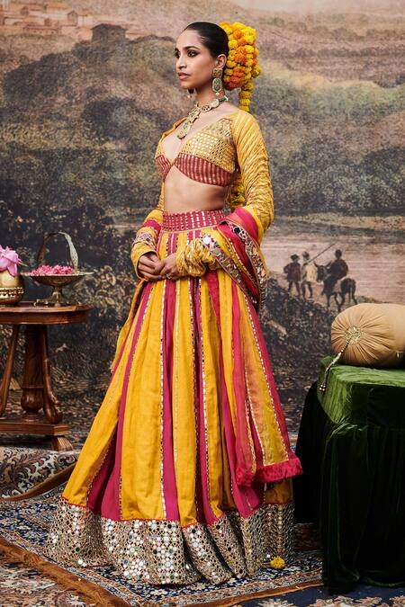 Buy_Itrh_Yellow Organza, Viscose, Linen Gota Patti, Padma Peet Color Block Lehenga Set _Online_at_Aza_Fashions