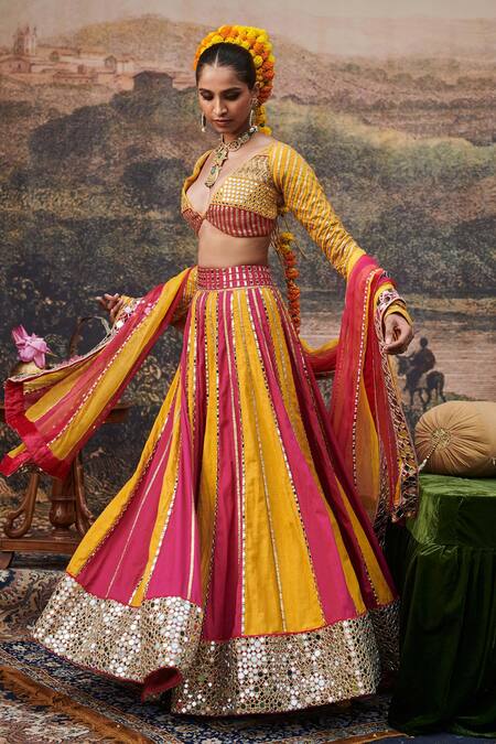 Shop_Itrh_Yellow Organza, Viscose, Linen Gota Patti, Padma Peet Color Block Lehenga Set _Online_at_Aza_Fashions