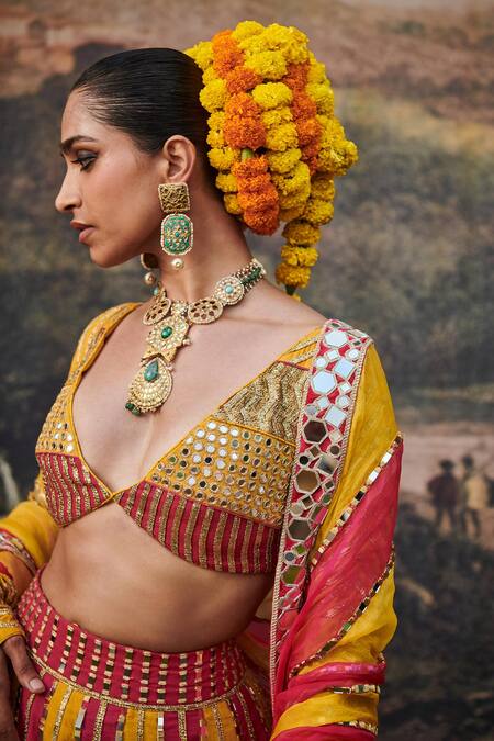 Itrh_Yellow Organza, Viscose, Linen Gota Patti, Padma Peet Color Block Lehenga Set _at_Aza_Fashions