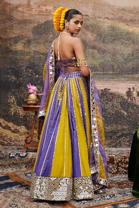 Shop_Itrh_Yellow Organza, Linen, Viscose Mirrors, Gota Hari Varn Color Block Lehenga Set _at_Aza_Fashions