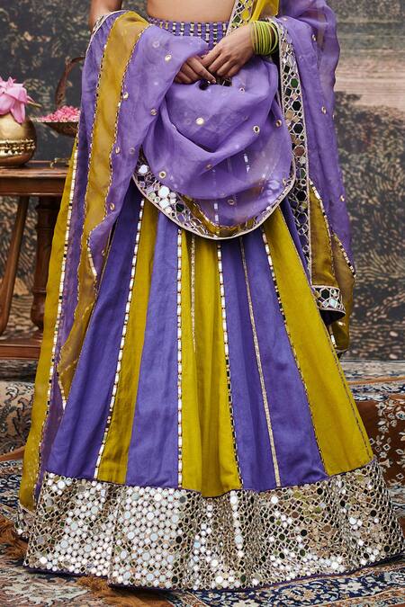 Itrh_Yellow Organza, Linen, Viscose Mirrors, Gota Hari Varn Color Block Lehenga Set _Online_at_Aza_Fashions