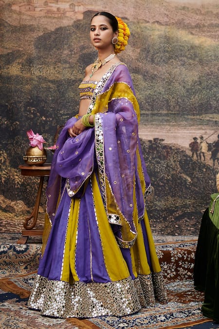Buy_Itrh_Yellow Organza, Linen, Viscose Mirrors, Gota Hari Varn Color Block Lehenga Set _Online_at_Aza_Fashions