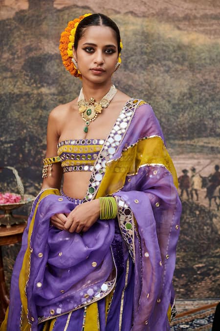 Shop_Itrh_Yellow Organza, Linen, Viscose Mirrors, Gota Hari Varn Color Block Lehenga Set _Online_at_Aza_Fashions