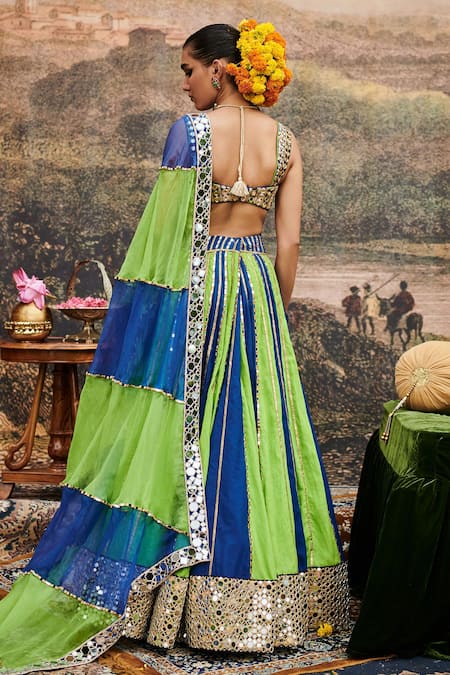 Shop_Itrh_Blue Organza, Linen, Viscose Gota Patti, Hari Neel Color Block Lehenga Set _at_Aza_Fashions
