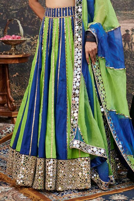 Itrh_Blue Organza, Linen, Viscose Gota Patti, Hari Neel Color Block Lehenga Set _Online_at_Aza_Fashions