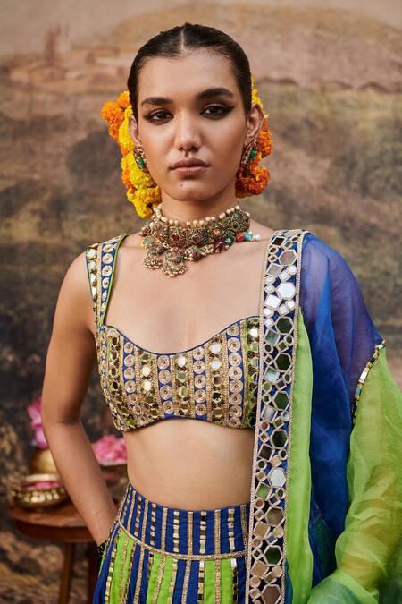 Shop_Itrh_Blue Organza, Linen, Viscose Gota Patti, Hari Neel Color Block Lehenga Set _Online_at_Aza_Fashions
