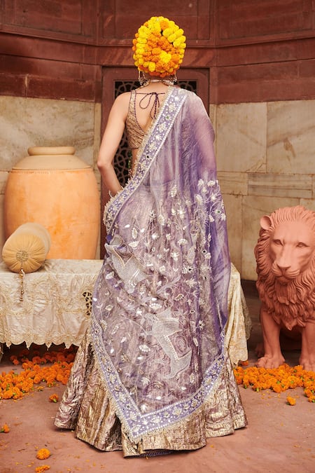 Shop_Itrh_Purple Organza, Chanderi Gota Patti, Mirrors, Krishna Kumud Lampi Lehenga Set _at_Aza_Fashions