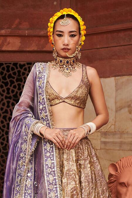 Itrh_Purple Organza, Chanderi Gota Patti, Mirrors, Krishna Kumud Lampi Lehenga Set _Online_at_Aza_Fashions