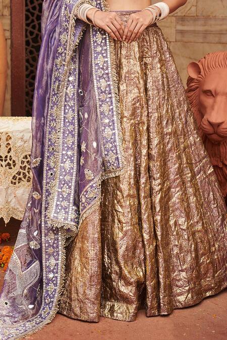 Buy_Itrh_Purple Organza, Chanderi Gota Patti, Mirrors, Krishna Kumud Lampi Lehenga Set _Online_at_Aza_Fashions