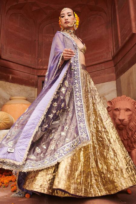 Itrh_Purple Organza, Chanderi Gota Patti, Mirrors, Krishna Kumud Lampi Lehenga Set _at_Aza_Fashions