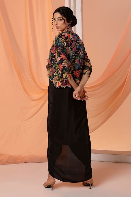 Shop_Soup By Sougat Paul_Black Crepe, Silk Embroidery, Sequins Aarani Embellished Dress With Crop Jacket _at_Aza_Fashions