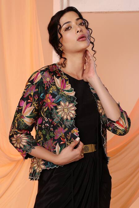 Soup By Sougat Paul_Black Crepe, Silk Embroidery, Sequins Aarani Embellished Dress With Crop Jacket _Online_at_Aza_Fashions